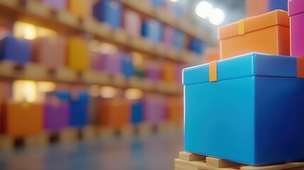 Poster - A vibrant warehouse scene featuring colorful stacked boxes, emphasizing organization and storage in a logistics environment.