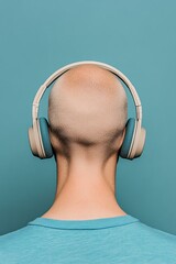Fototapete - Contemporary Audio Gear Display Minimalist Headphones on Bald Model Against Aqua - Trendy Music Content and Professional Sound Studio Promotions