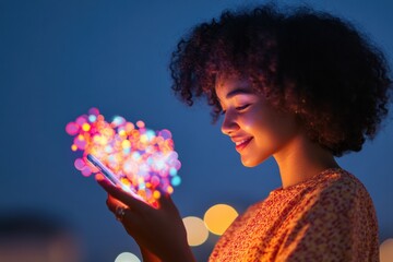 Poster - Vibrant Social Connectivity Young Woman Engaging with Smartphone in Glowing Night Ambiance - Digital Lifestyle Concept for Social Media Marketing and Virtual Interaction