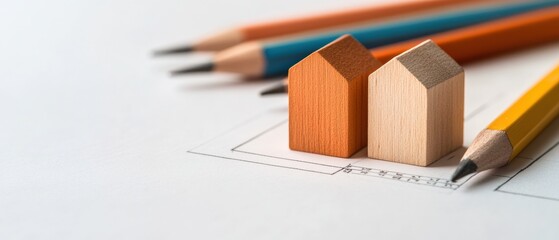 Poster - Minimalist Architecture Planning Geometric Wooden Models on Blueprint with Pencils - Urban Design Strategy for Real Estate Development and Contemporary Draftsmanship