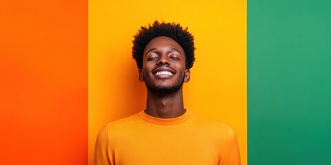 Poster - Vibrant Diversity Portrait Young Individual in Bright Orange on Colorful Background - Inclusive Workforce Imagery and Dynamic Marketing Visuals for Modern Business Engagement