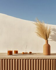 Aufkleber - Minimalist Juice Bar Setup Terracotta Textured Counter with Citrus and Glassware - Modern Wellness Content and Sustainable Beverage Promotion