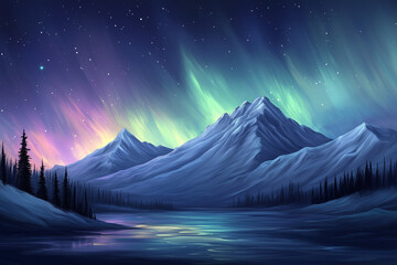 Wall Mural - aurora borealis over the mountains