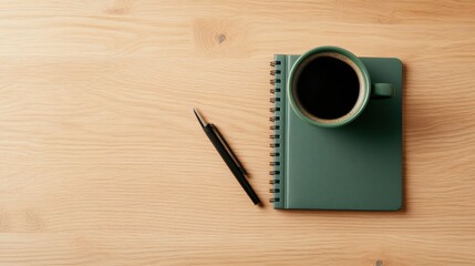 Leinwandbilder - Midnight Green Workspace Elegant Flat Lay with Coffee in Designer Cup and Notebook on Wooden Desk - Enhance Remote Productivity and Modern Interior Styling