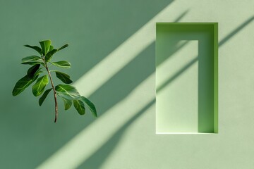 Poster - Scandi Greenery Wall Minimalist Leaf Accent on Textured Surface - Modern Workspace Design for Eco-Friendly Aesthetic and Creative Office Inspiration