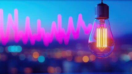 Poster - A glowing light bulb hangs against a colorful background with a pulsating wave pattern, blending technology and art.
