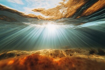 Poster - Ethereal Underwater Sunlit Ocean Depths Illuminating Dynamic Fish Patterns - Visual Content for Marine Conservation and Eco-Tourism Experiences