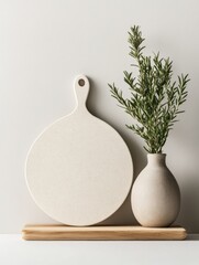 Aufkleber - Contemporary Minimalism in Culinary Design Ceramic Cutting Board and Herb Display on Wooden Surface - Modern Kitchen Aesthetics and Premium Culinary Content