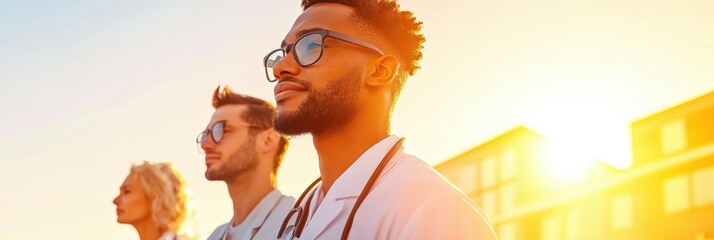 Poster - Sunlit Healthcare Setting Diverse Medical Professionals in Casual Attire with Modern Buildings - Contemporary Teamwork and Inclusive Health Branding