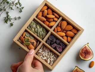 Wall Mural - Mindful Eating Display Modern Wooden Box with Superfood Variety and Herbs - Health-Focused Snack Merchandising for Professional Wellness and Lifestyle Branding