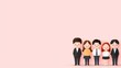 © saokaew - A group of four cartoon characters stands together against a soft pink background, showcasing diversity in attire and hairstyles.