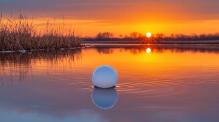 Poster - A white egg floating calmly in still water during a beautiful sunset reflection