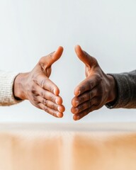 Poster - Minimalist Business Engagement Hands and Wooden Table in Modern Office Setting - Corporate Communication and Decision-Making for Professional Networking