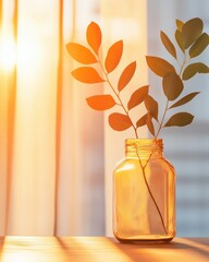 Poster - Sunlit Minimalist Decor Amber Glass Jar with Green Foliage in Contemporary Workspace - Biophilic Design and Creative Inspiration for Modern Offices