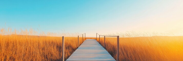 Aufkleber - Nautical Serenity Wooden Walkway through Sunlit Dunes, Eco-Friendly Coastal Management Concept for Sustainable Beach Tourism and Scenic Digital Marketing Content