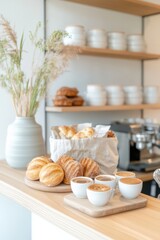 Poster - Minimalist Cafe Counter Artisanal Espresso Machine with Ceramic Cups and Pastries on Natural Wood - Modern Coffee Shop Decor and Barista Excellence
