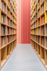 Leinwandbilder - Neo-Colorful Library Design Vibrant Wooden Bookshelves with Pastel Hues for Urban Educational Spaces and Contemporary Interior Aesthetic