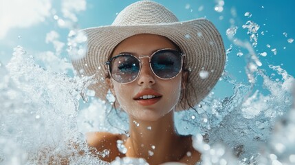 Wall Mural - A graceful woman wearing a stylish hat and sunglasses relaxes in serene water, capturing a moment of summer bliss and tranquility.