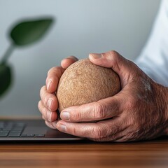 Poster - Mindful Workspace Design Close-Up of Mature Korean Hands Holding Wooden Stress Ball - Enhancing Stress Management and Corporate Wellness in Professional Office Environments