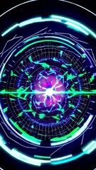 Poster - Futuristic neon energy burst with rotating geometric patterns and vivid color dynamics