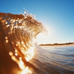 Aufkleber - Glowing Ocean Wave Dynamic Water Texture with Sunlit Droplets - Coastal Conservation Imagery for Eco-Friendly Marketing and Marine Preservation Awareness