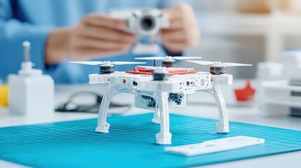 Poster - Modern Drone Model on Work Table with Tools and Camera in Background