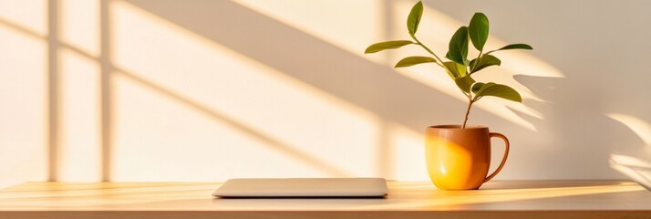Poster - Minimalist Sunlit Home Office Smooth Wooden Desk with Ceramic Planter and Laptop - Functional Workspace Design for Enhanced Remote Productivity in Modern Interiors