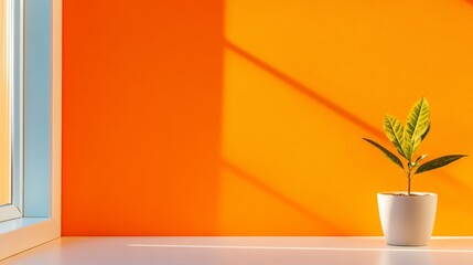 Poster - Vibrant Minimalist Interior Sunlit Pot Plant on Orange Wall - Modern Workspace and Commercial Design for Creative Industry Ambiance and Relaxation