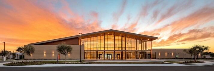 Poster - Modern Geometric Office Architecture Sleek Glass Facades and Landscaped Entrances Enhance Corporate Eco-Innovation - Business Headquarters with Sustainable Design and Professional Work Environment