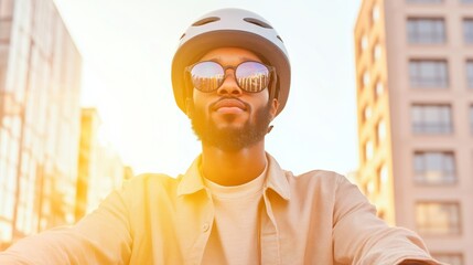 Poster - Modern Urban Mobility Reflective Helmet-Clad Young Professional on Sleek Electric Scooter in Sunlit Cityscape - Smart Transit Solutions for Clean, Sustainable Urban Transport