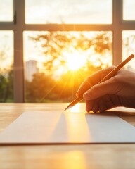 Fototapete - Golden Hour Inspired Document Planning Setup on Wooden Desk Analog Tools for Enhanced Project Management in Modern Business Environments