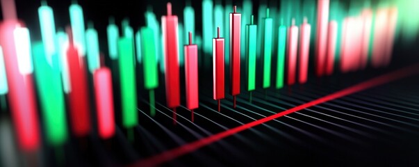 Poster - A vibrant financial chart displays green and red candlesticks, representing market trends and fluctuations in trading data.