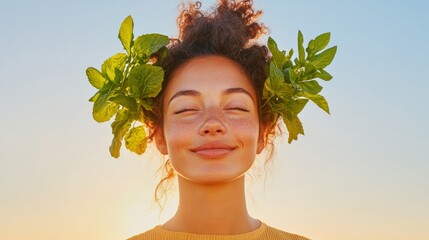 Poster - Eco-Chic Living Young Woman Embracing Fresh Herbs in a Sunlit Backdrop - Conscious Lifestyle and Sustainable Fashion Content with Nature-Inspired Aesthetic