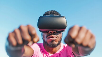 Aufkleber - Dynamic Tech-Inspired VR Boxing Routine Young Adult with Headset in Daylight Modern Room - Innovative Fitness Content and Wellness Marketing