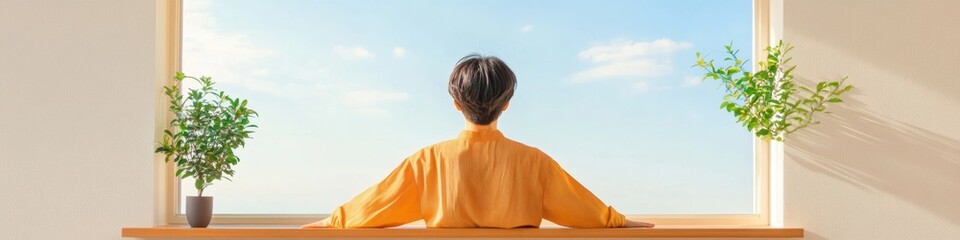 Poster - Zen Workspace Inspiration Minimalist Office with Man in Yellow Robe, Open Window and Sky View - Modern Career Motivation for Corporate and Digital Branding