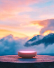 Aufkleber - Mystical Sunrise Display Levitating Object with Ethereal Glow on Wooden Platform - Commercial Magic Content and Experiential Marketing for Event Promotions