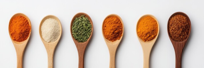 Fototapete - Scandi-Chic Spice Collection Display Wooden Spoons with Assorted Ground Spices for Culinary Artistry and Gourmet Retail Marketing, Emphasizing Texture and Global Flavor Diversity