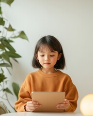 Fototapete - interactive learning experience young east asian girl engaged in virtual math lesson on tablet - mod