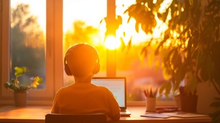 Fototapete - Sunlit Virtual Learning Space Young Student with Headphones at Modern Desk - Digital Education and Remote Schooling with Natural Elements for Enhanced Focus