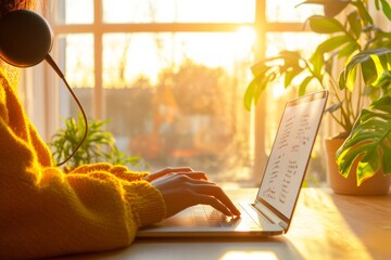Poster - Warm Minimalist Workspace Vibrant Indoor Plant and Sunlit Desk with Laptop - Innovative Digital Education and Tech-Enhanced Learning Environment
