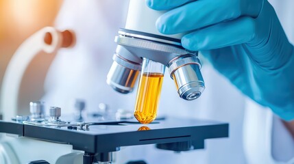Poster - scientist examining sample under microscope with orange liquid experiment
