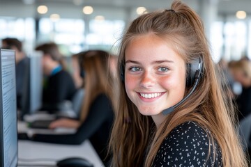 Poster - A young businesswoman with long brown hair smiling confidently while working on her computer in a modern office setting