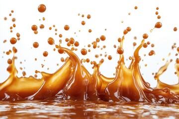 Poster - spectacular splash of golden brown liquid with droplets frozen in mid-air against a pristine white b