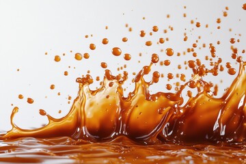 Poster - Dynamic liquid splash of dark caramel on a white background, creating captivating fluid motion with droplets suspended in mid-air, perfect for food and beverage imagery.