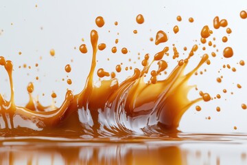 Poster - A dynamic splash of light brown liquid with droplets suspended in mid-air, set against a clean white background, creating a modern and abstract food related design.