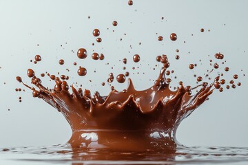 Poster - delicious and dynamic chocolate splash with scattered droplets against a clean background, captured 