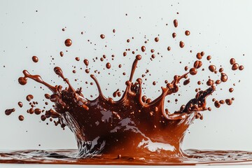 Poster - Dynamic splash of dark chocolate with flying droplets, rich and indulgent, creating a visually stunning effect against a clean, bright background, perfect for food advertisements.