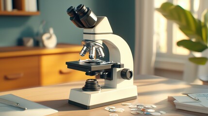 Poster - laboratory microscope on a desk with study materials and natural light