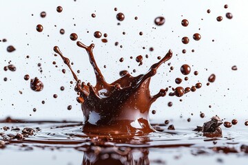 Poster - A delicious explosion of chocolate, captured in a dynamic splash with flying droplets and chunks, creating an irresistible visual treat against a bright, clean backdrop.