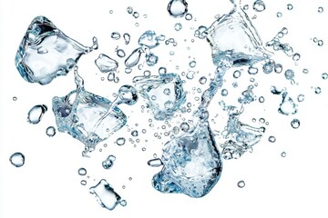Poster - Dynamic splash of water with ice cubes and bubbles in motion against a white background, illustrating purity, freshness, and the beauty of liquid dynamics and refreshment.